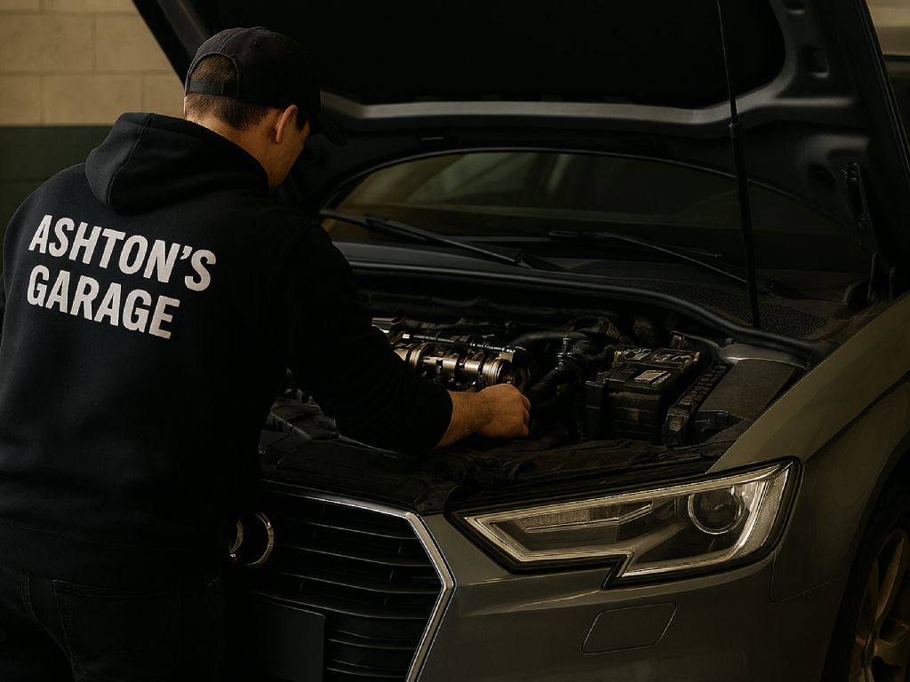 Ashton's Garage technician performing engine maintenance