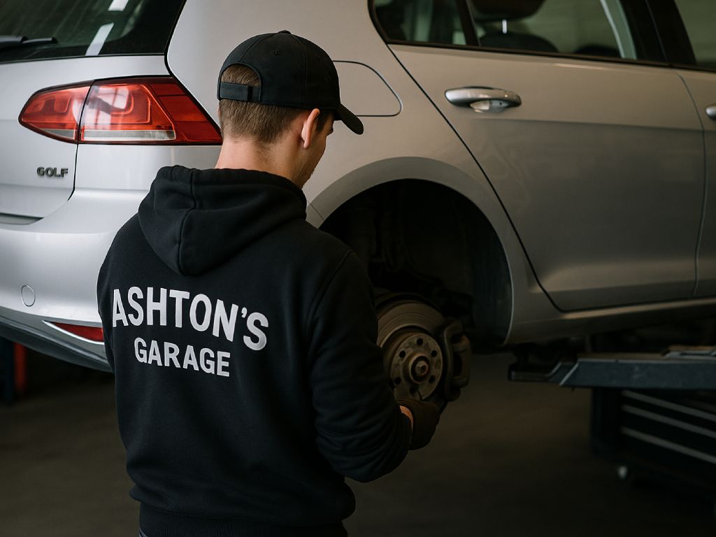 Mechanic working on VW Golf brake disc at Ashton's Garage