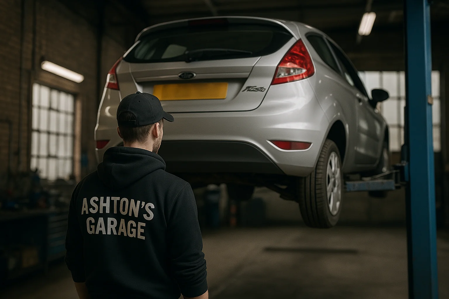Ford Fiesta on lift at Ashton's Garage
