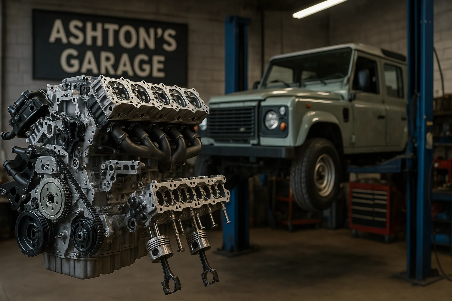 Land Rover Defender and engine block at Ashton's Garage