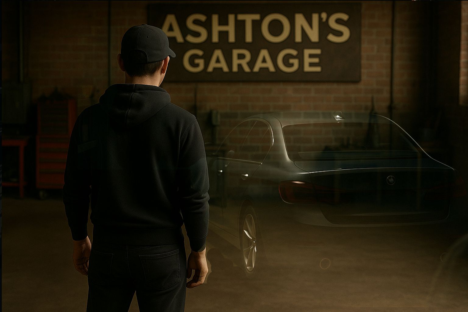 Mechanic looking at a car in Ashton's Garage