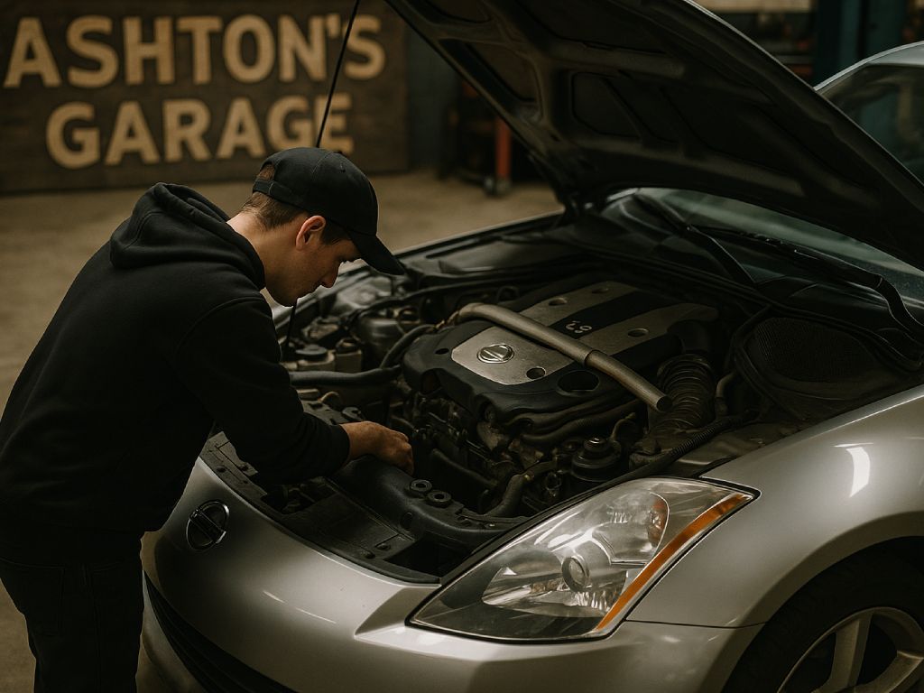 Ashton's Garage mechanic working on a Nissan engine