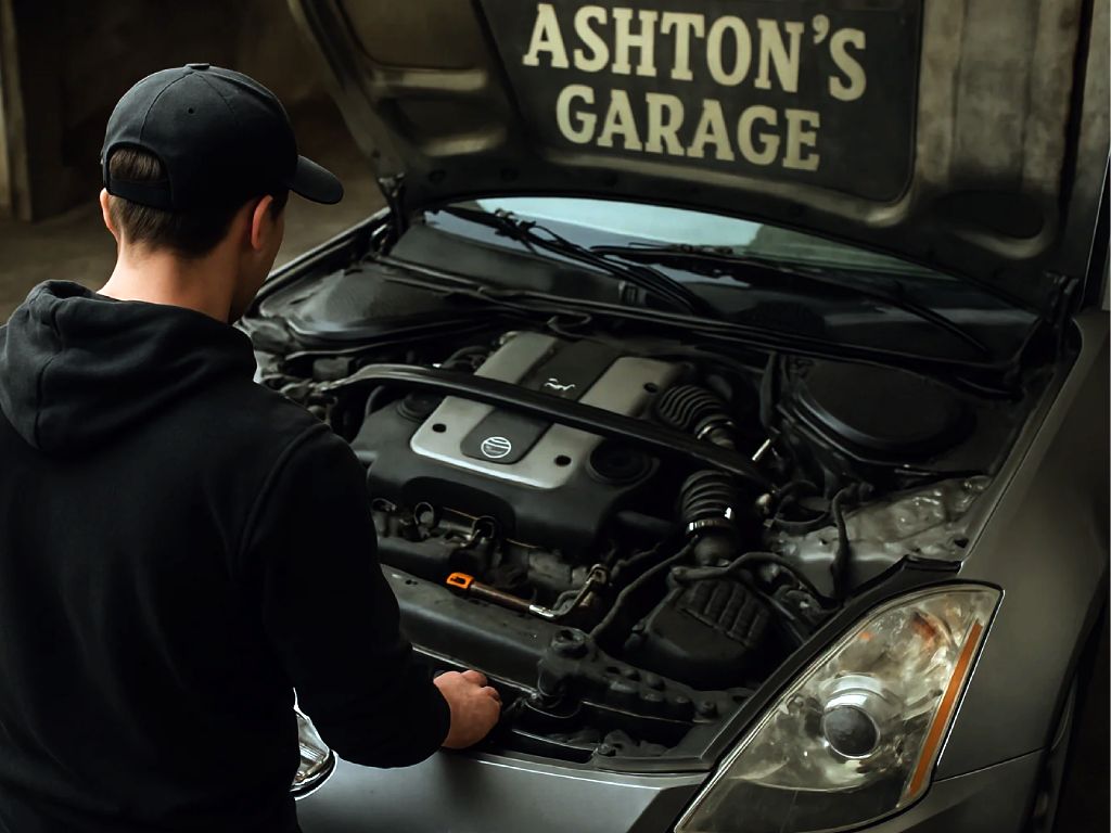 Mechanic examining car engine at Ashton's Garage